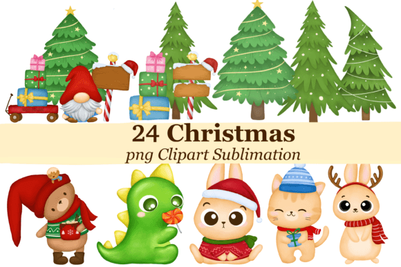 Bundle Christmas Tree Gnome Dino Clipart: Festive Illustrations