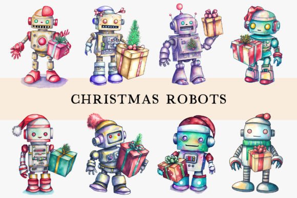 Christmas Robots Watercolor Cliparts: Fresh Illustrations