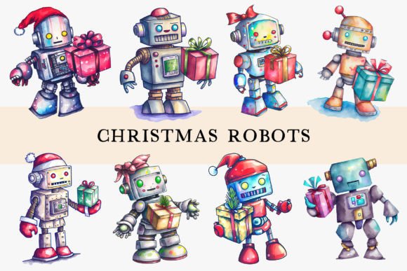 Christmas Robots Watercolor Elements: Festive Illustrations