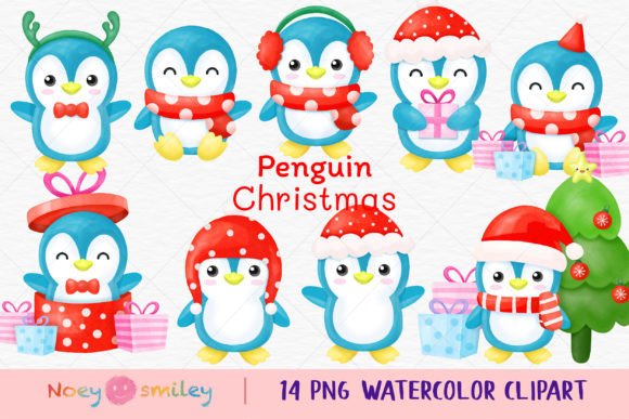 Penguin Christmas Watercolor Clipart: Festive Illustrations
