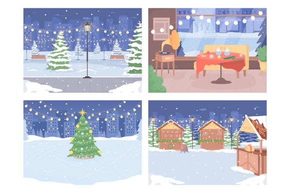 Winter Outdoor Scenes on Christmas Eve Illustrations